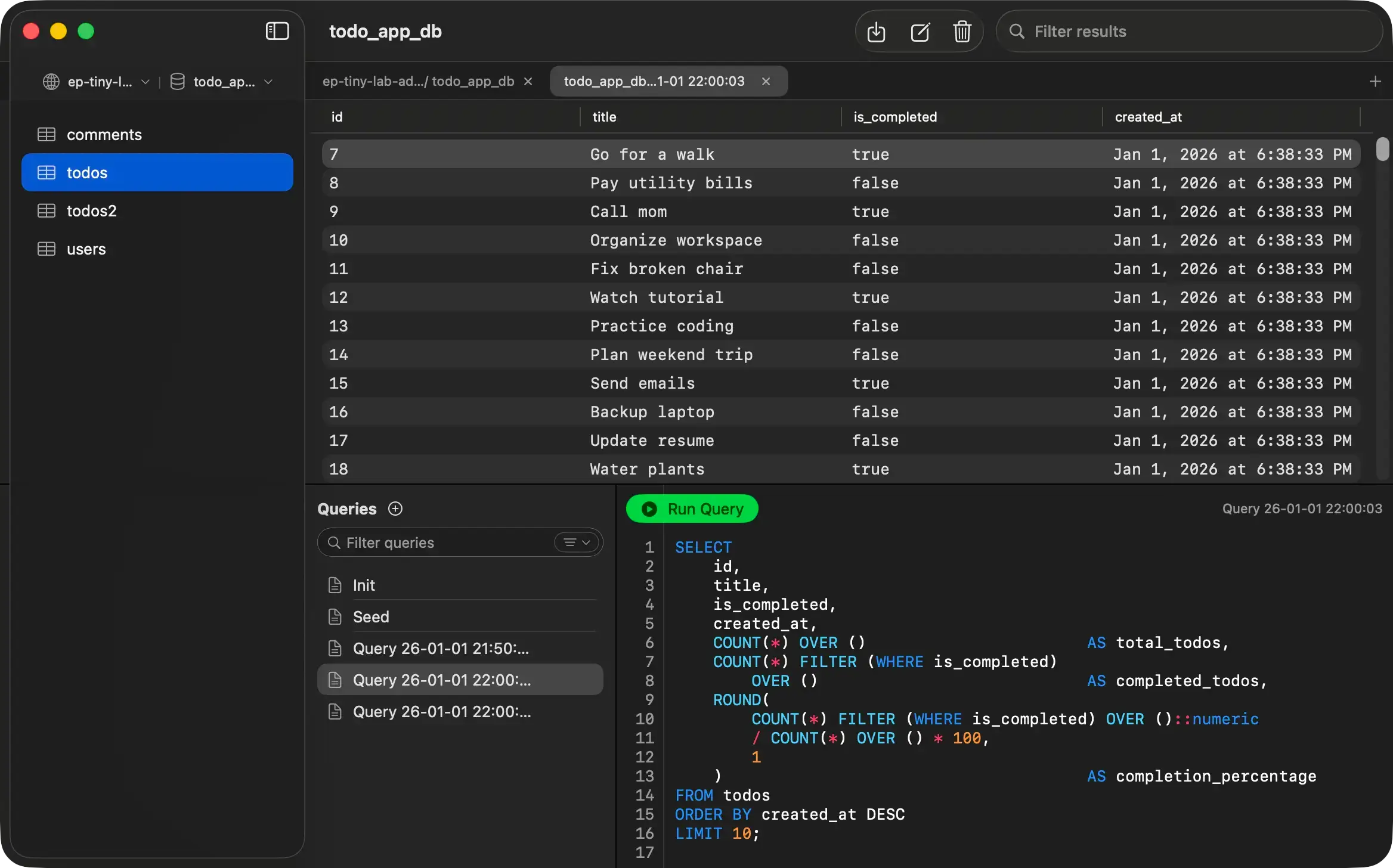 PostgresGUI running in dark mode with a table and SQL editor