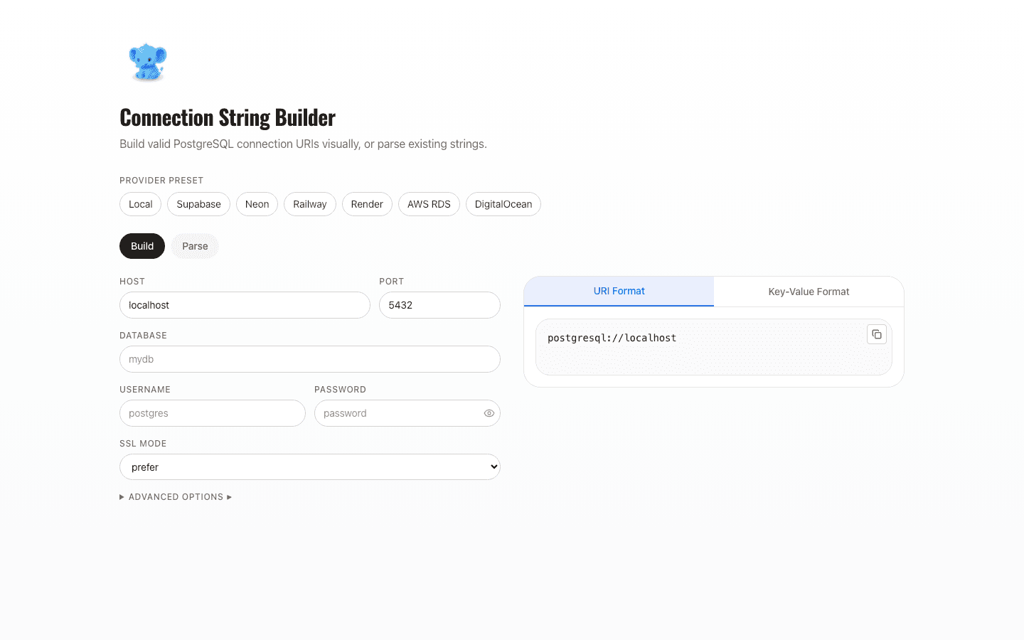 PostgresGUI PostgreSQL connection string builder