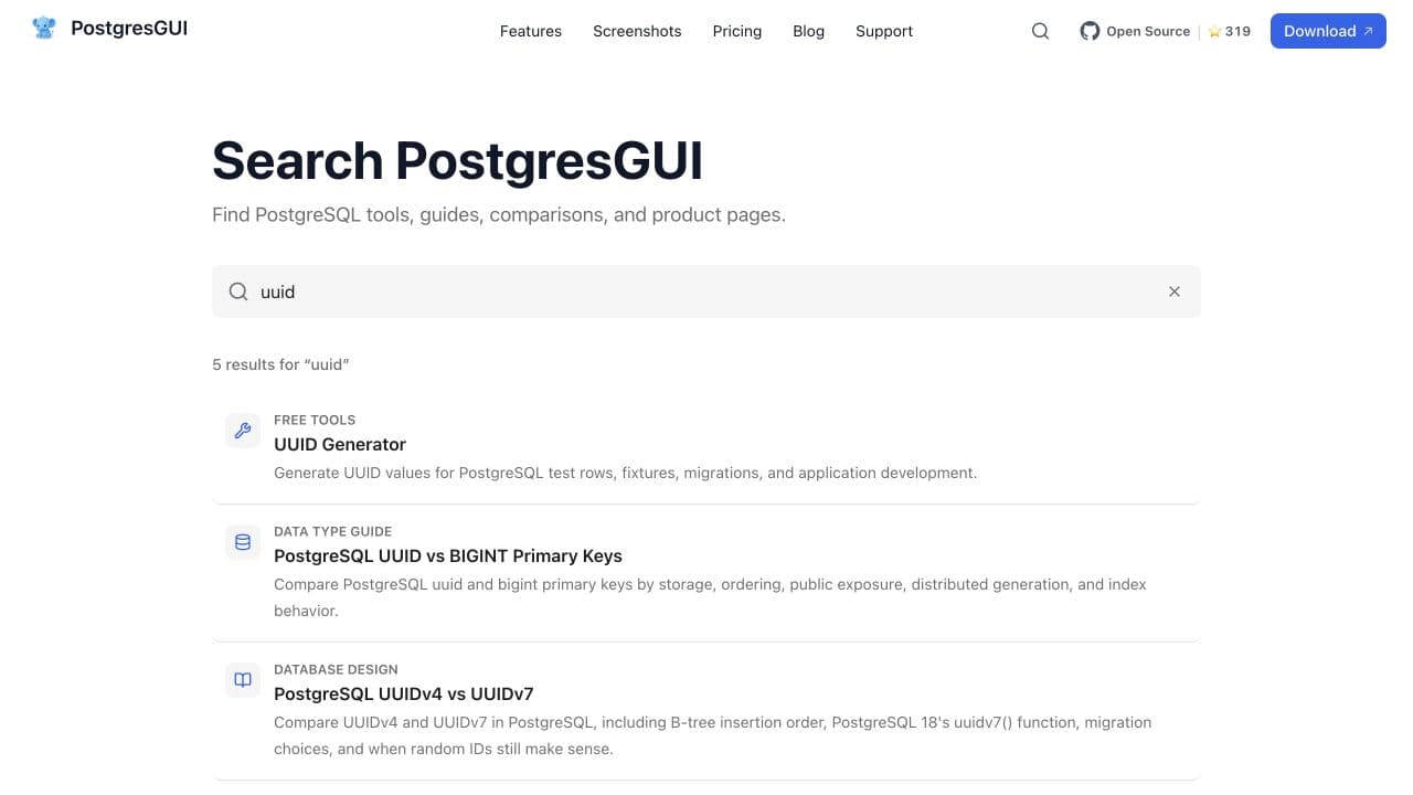 Full PostgresGUI search page showing five results for UUID