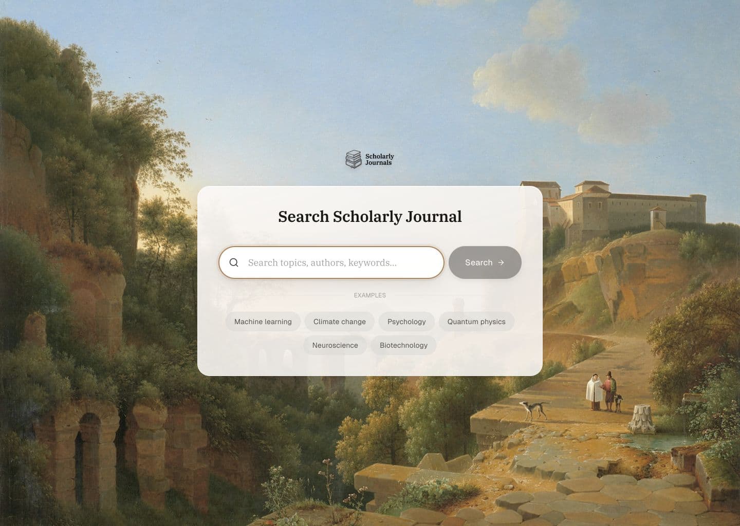 Scholarly Journals search interface over a classical landscape painting